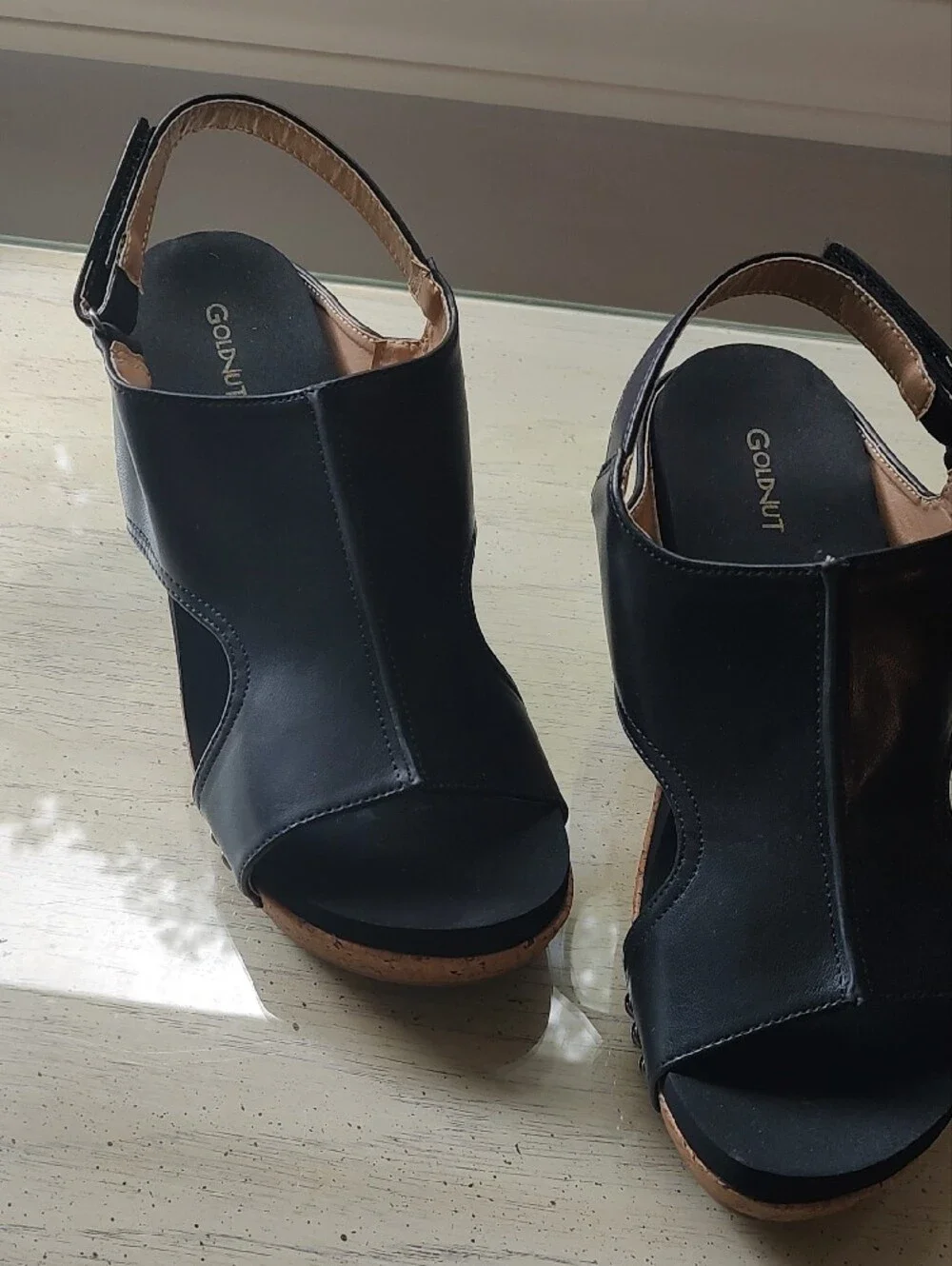Black Cork Wedge Sandals with Slingback Strap